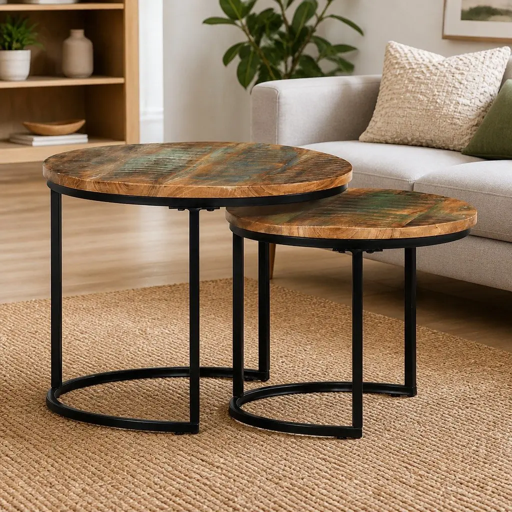 Nesting Tables Set of 2 Solid Reclaimed Wood Coffee Table Living Room Accent
