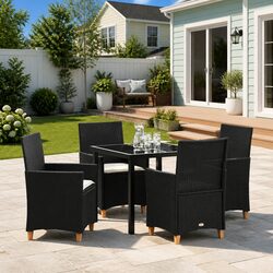 Garden Dining Set - 5 Pieces, Black Rattan and Steel