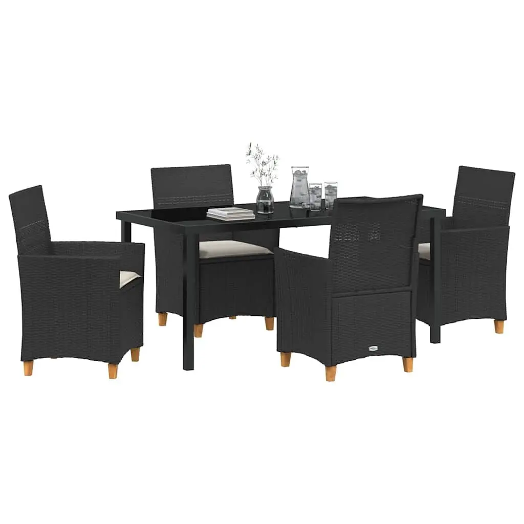 Outdoor Garden Dining Set 5 Pieces Black Poly Rattan Steel Frame Glass Top