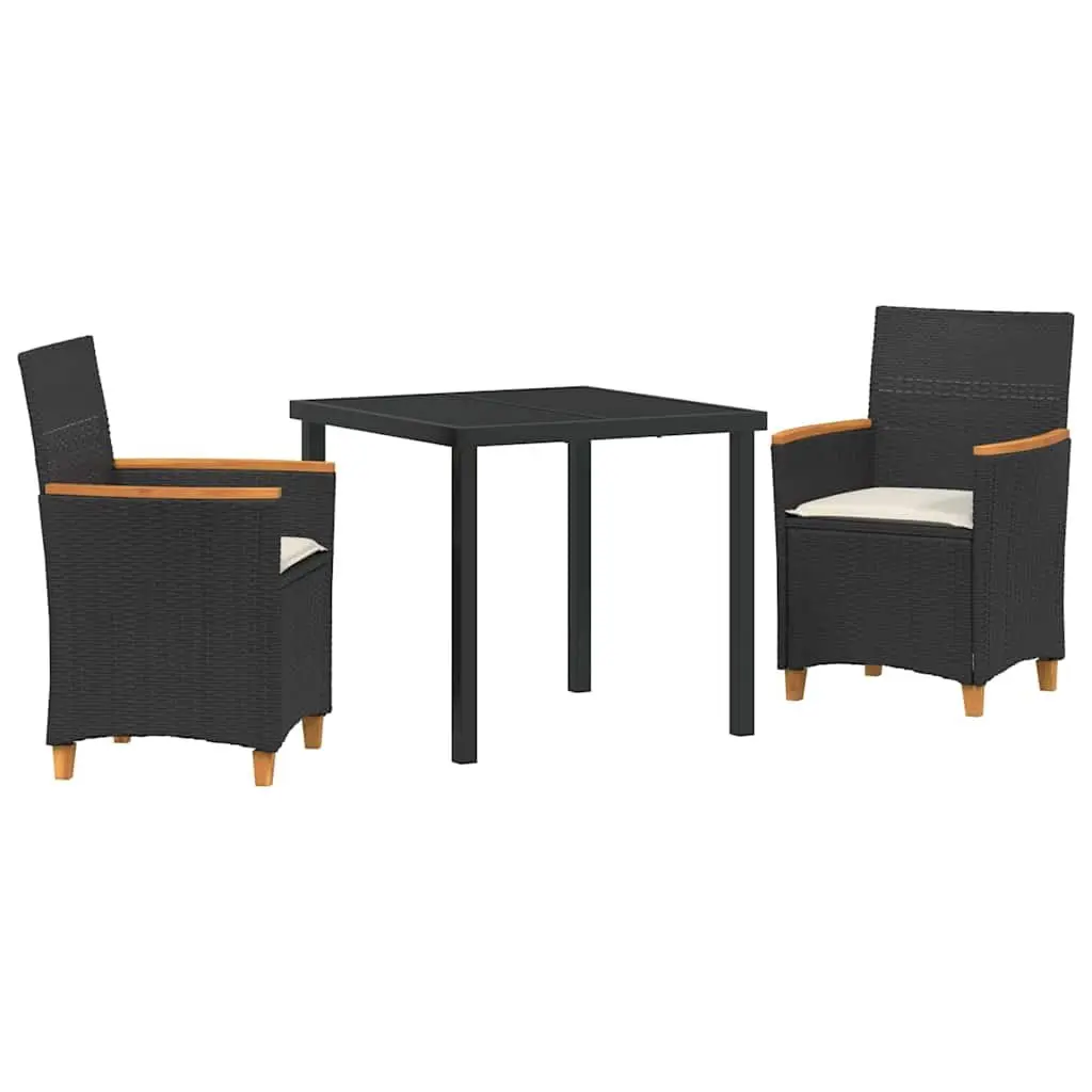 Outdoor Patio Furniture Set 3 Pieces Black Rattan Steel Frame Glass Top