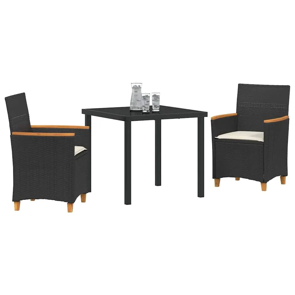 Outdoor Patio Furniture Set 3 Pieces Black Rattan Steel Frame Glass Top