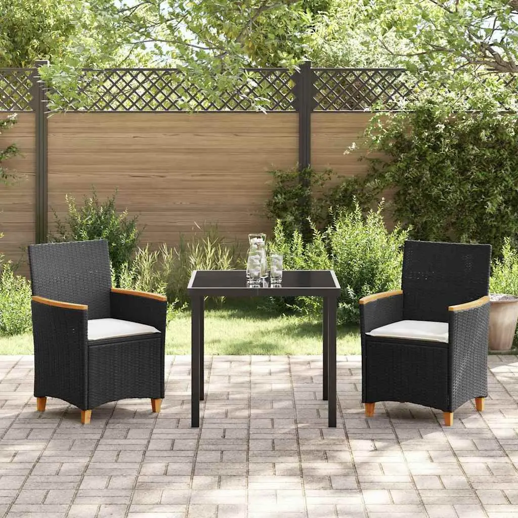 Outdoor Patio Furniture Set 3 Pieces Black Rattan Steel Frame Glass Top