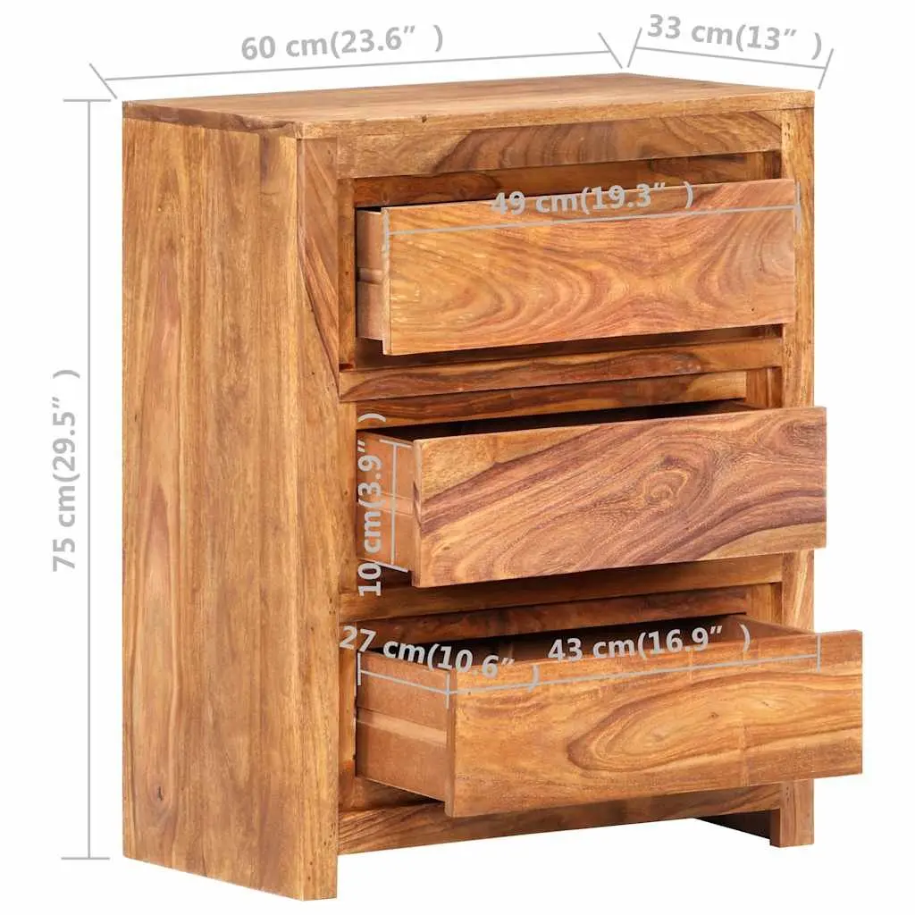 Drawer Cabinet Bedroom Living Room Hallway 60x33x75 cm Solid Wood Acacia 3 Drawers Brown