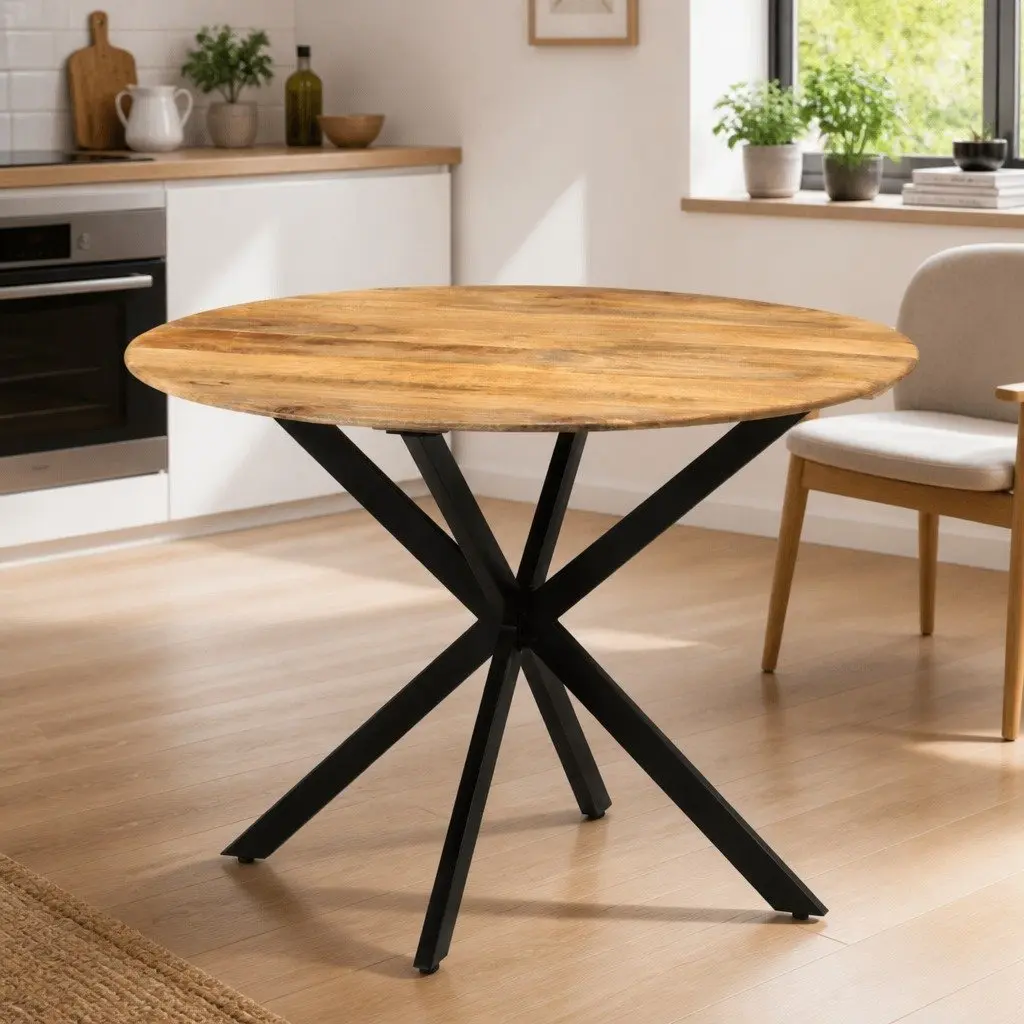 Dining Table Round 110cm Kitchen Room Solid Mango Wood Steel Frame