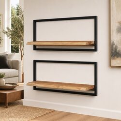 80x25x35 cm Floating Shelf Set - 2 Pieces of Brown Wood