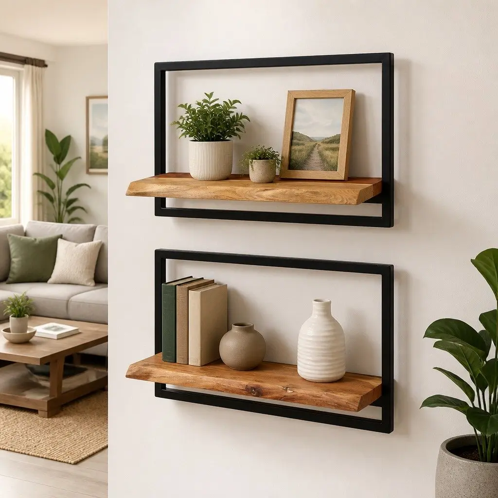 Wooden Wall Shelves Floating for Home 60 x 25 x 35 cm Set of 2 Brown Acacia Shelf Storage Display