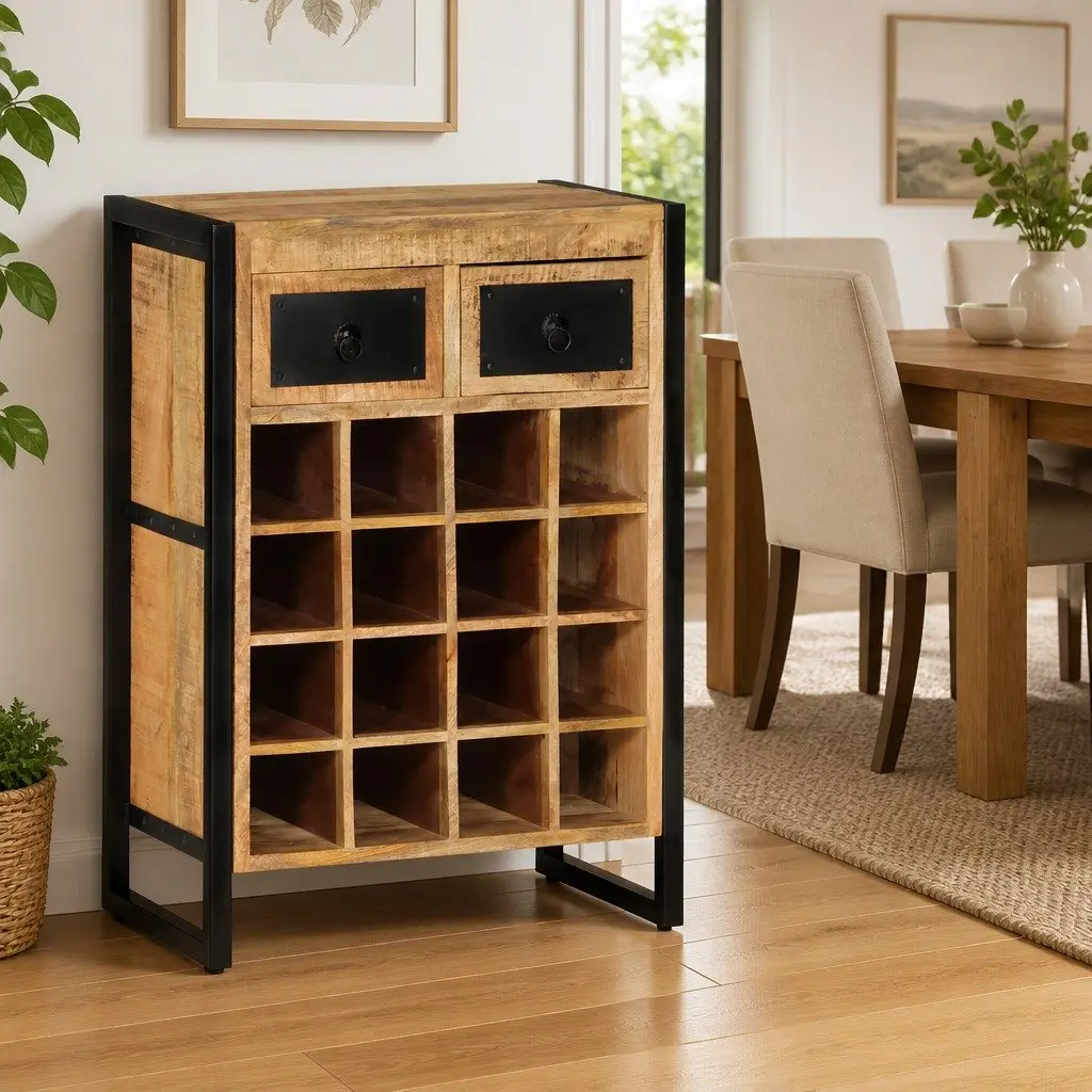 Wine Rack for 16 Bottles Kitchen Dining Bar Solid Wood Storage Holder with Drawers