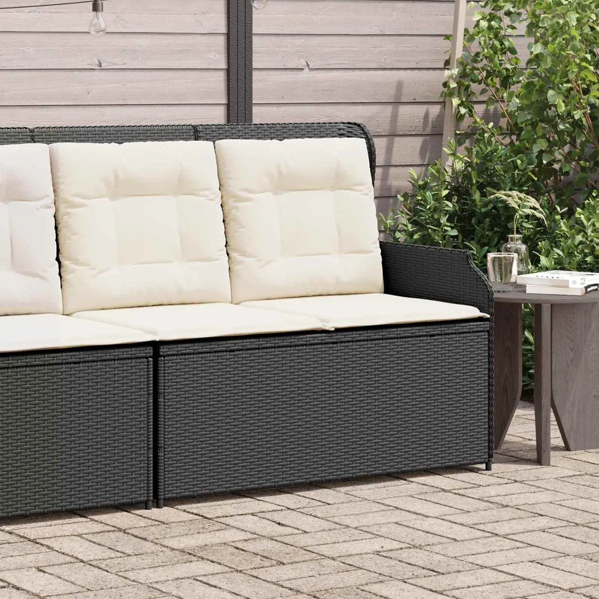 Garden Bench with Cushion Outdoor Furniture Reclining Seating Poly Rattan Black