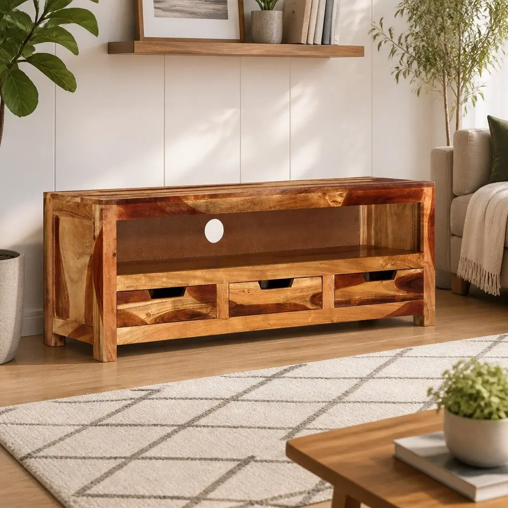 Solid Wood TV Cabinet Living Room 110cm Brown Acacia Entertainment Unit with Storage Drawers
