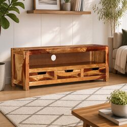 110cm Solid Acacia Wood TV Cabinet with 3 Drawers