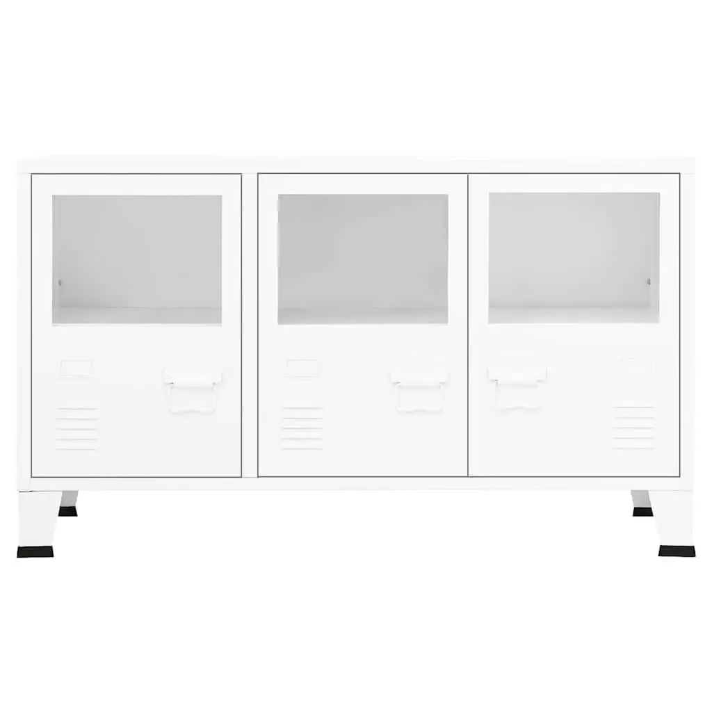 Industrial Sideboard White Storage Cabinet Glass Door Metal Frame Shelving Unit