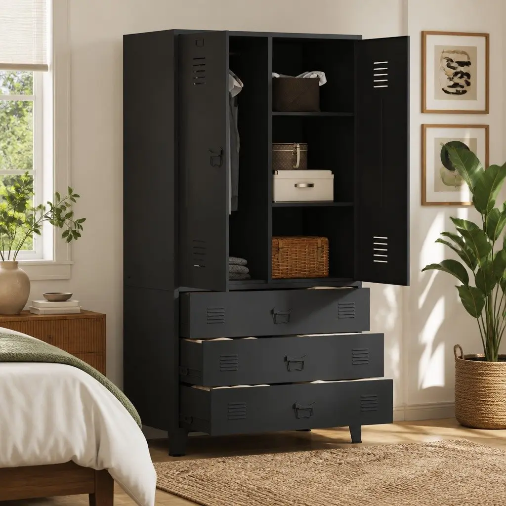 Metal Wardrobe Storage Cabinet Black 90x50x180cm with 2 Shelves