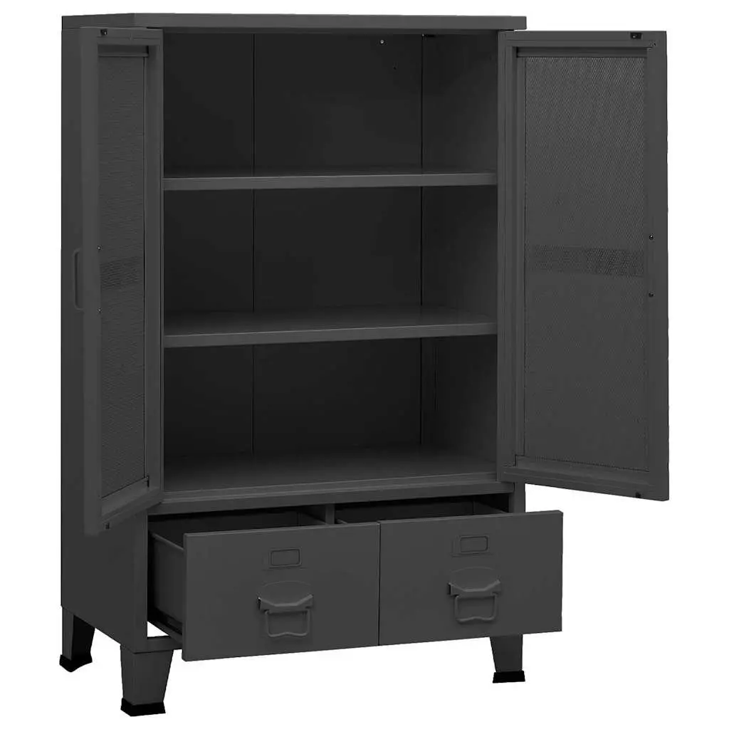 Industrial Storage Chest Metal 2 Drawers 2 Shelves Mesh Doors Anthracite