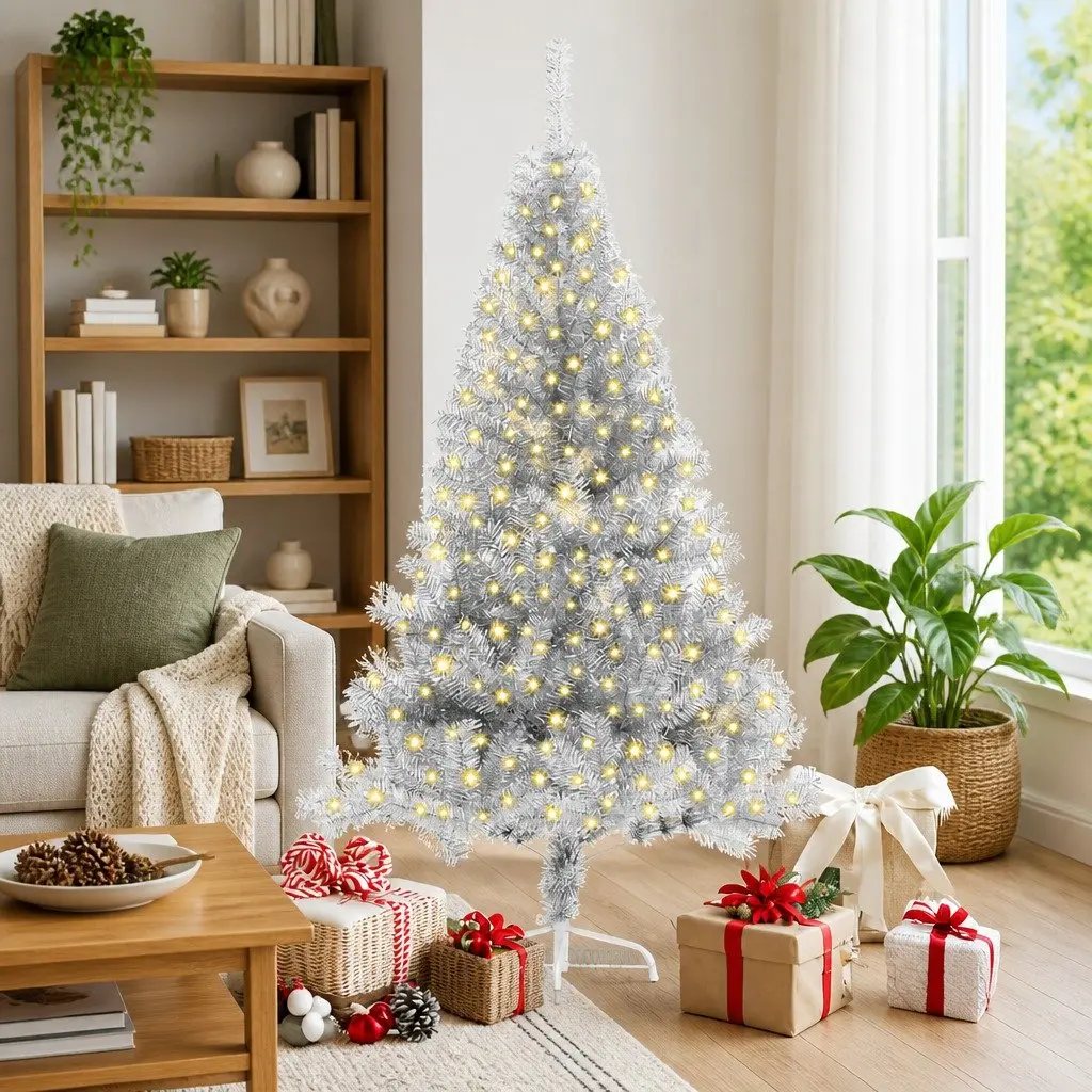 Artificial Christmas Tree Indoor Outdoor 180cm Silver Cone Pre-lit LED Warm White Lights
