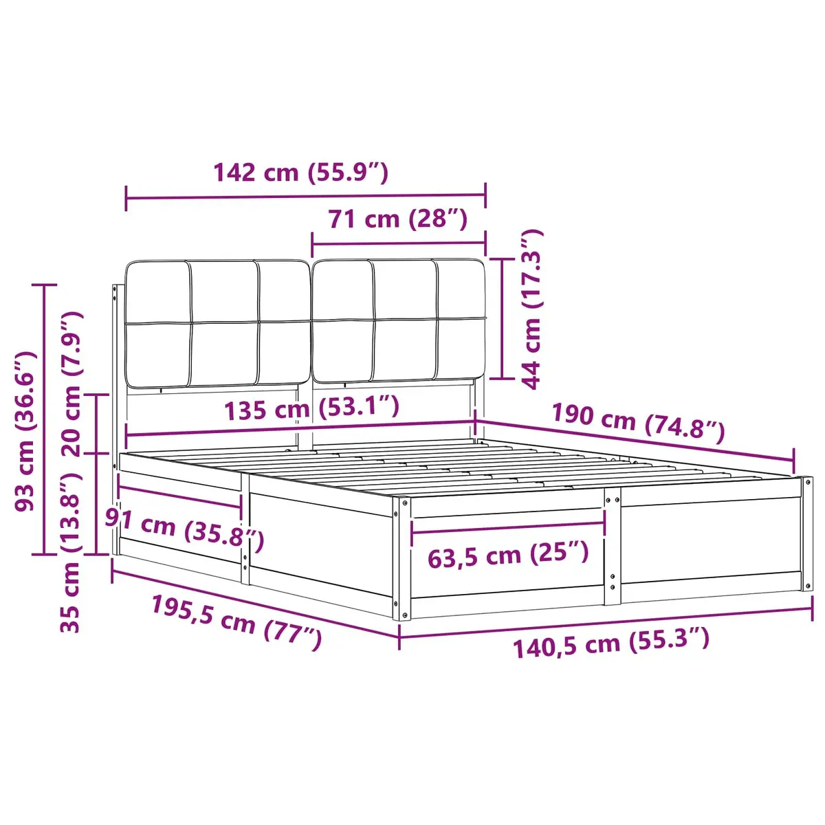 Bed Frame for Bedroom Grey 135 x 190 cm Modern Wooden Platform with Upholstered Headboard