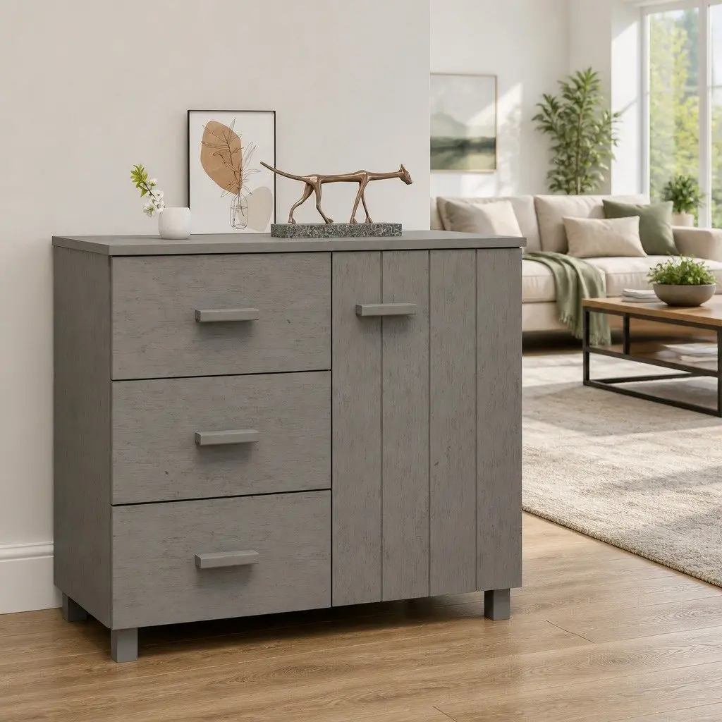 Sideboard Solid Pinewood Grey Storage Cabinet with Sliding Drawers Buffet