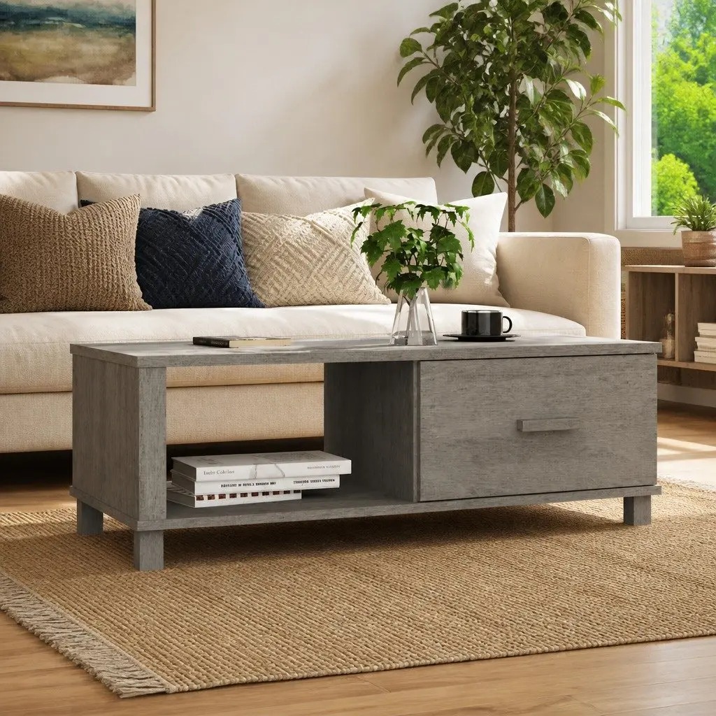 Wooden Coffee Table with Drawer Storage Compartment Grey Accent Side Table