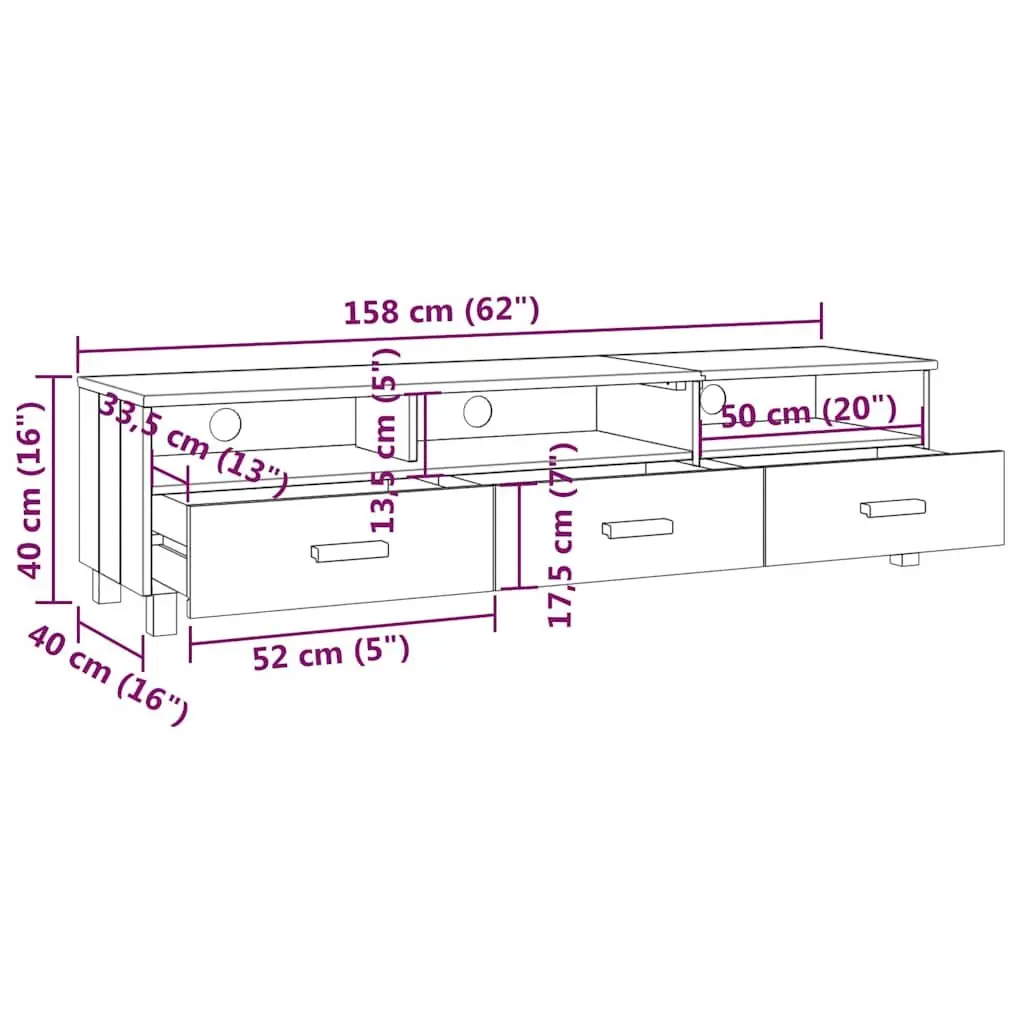 TV Cabinet Solid Wood Pine Brown 158L x 40W x 40H cm Storage Unit with Sliding Drawers and Compartments