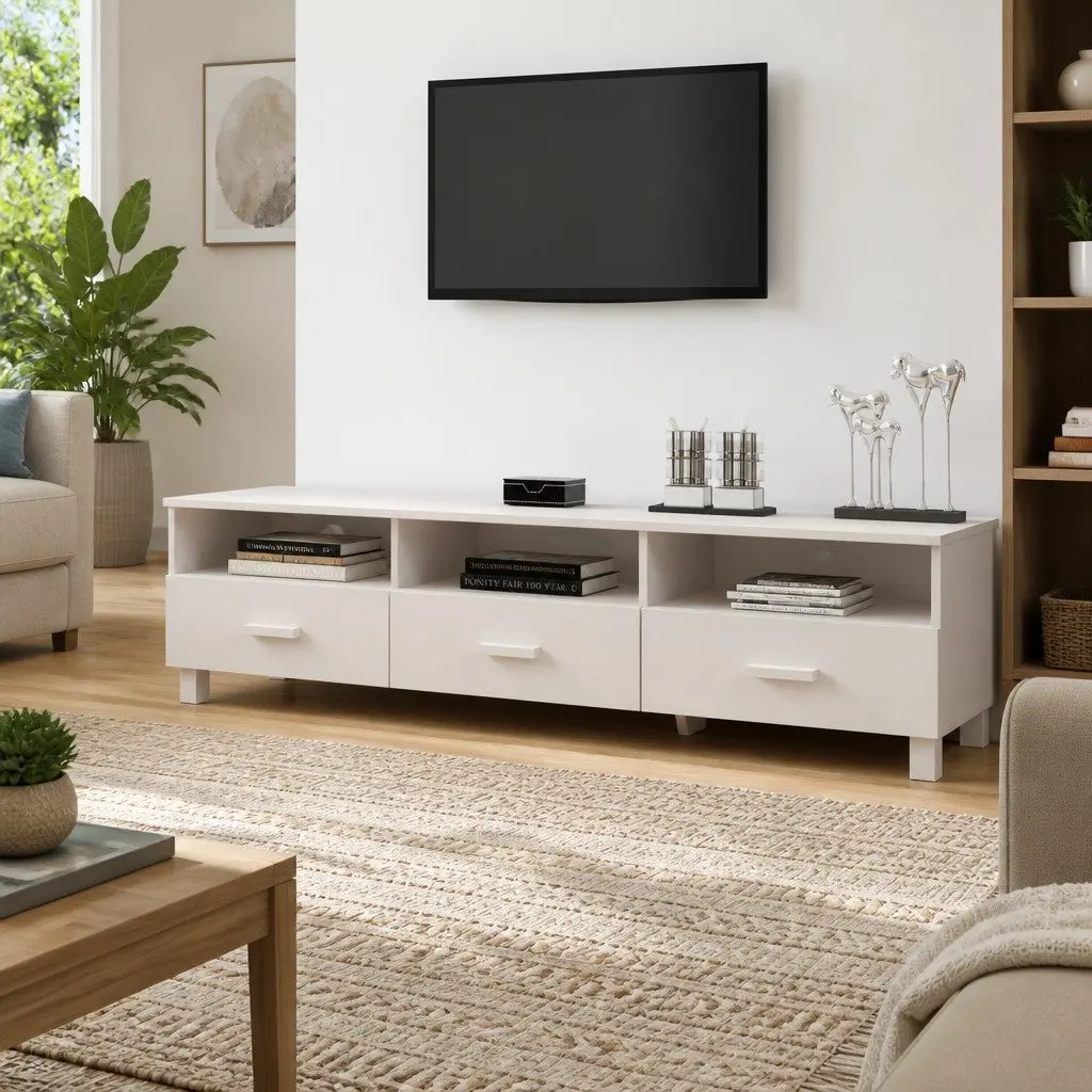 TV Cabinet Living Room 158x40x40cm Solid Pine Wood Entertainment Unit with 3 Drawers