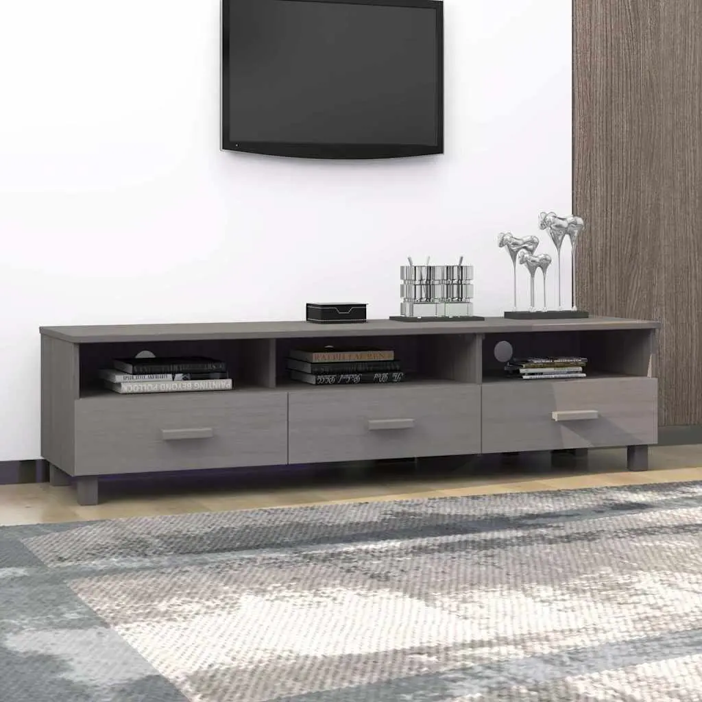 TV Cabinet Grey Solid Wood Pine Storage Unit Sliding Drawers Compartments 158cm