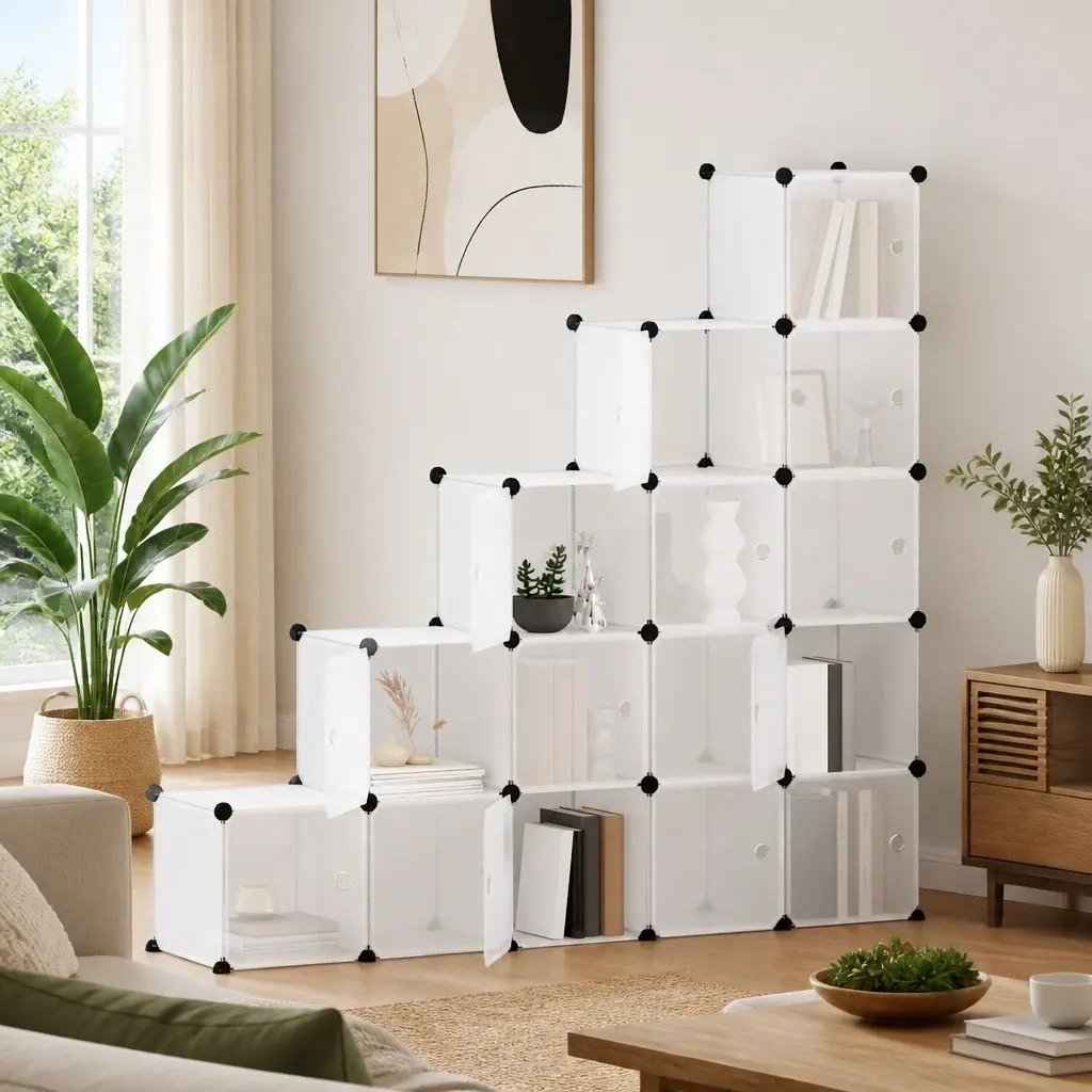 Storage Cube Organiser for Home Office 15 Cubes with Doors Transparent Modular Shelving Unit