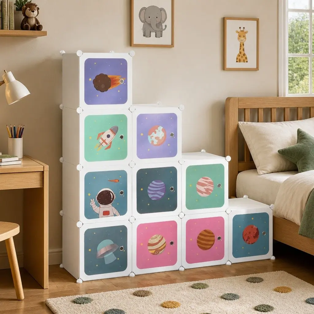 Kids Cube Storage Cabinet 10 Cubes White Children Wardrobe Organiser Cupboard