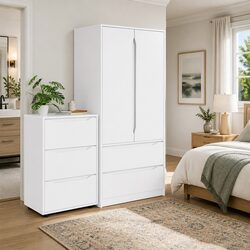 White Wardrobe Cabinet with Drawer Engineered Wood Bedroom Storage Cupboard