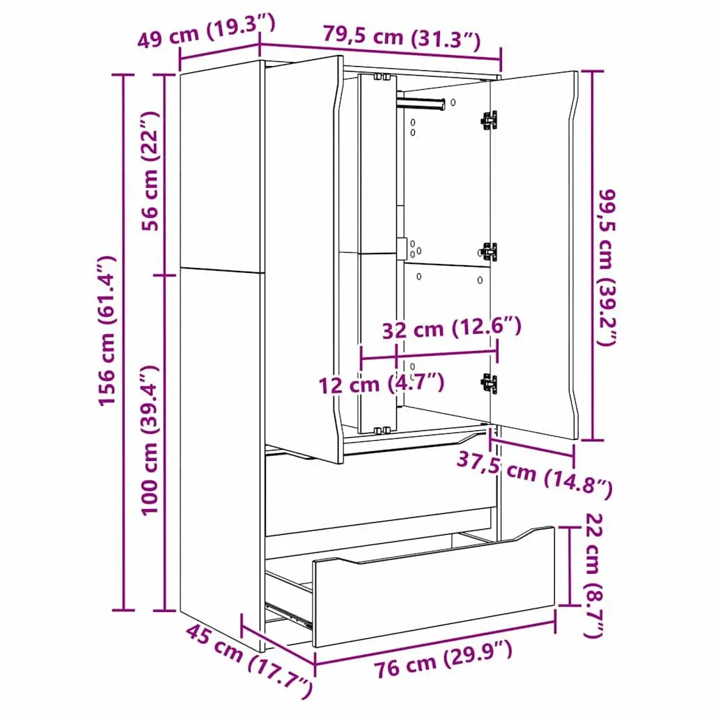 Wardrobe for Bedroom High Gloss White 79.5 x 49 x 156 cm Storage Cupboard Cabinet