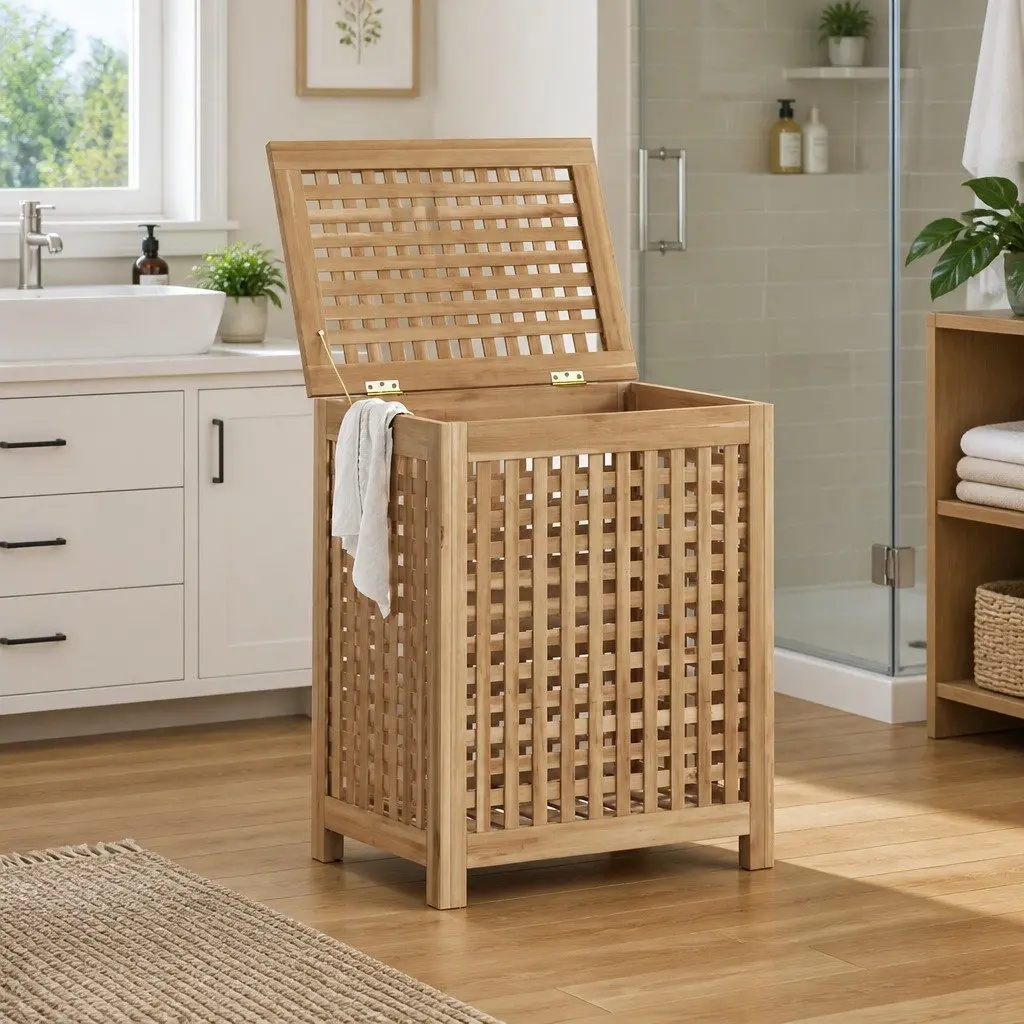 Laundry Basket Wash Bin 50x35x60 cm Solid Teak Wood Storage Brown