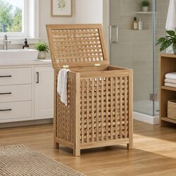 Laundry Basket Wash Bin: 50x35x60 cm in Solid Teak