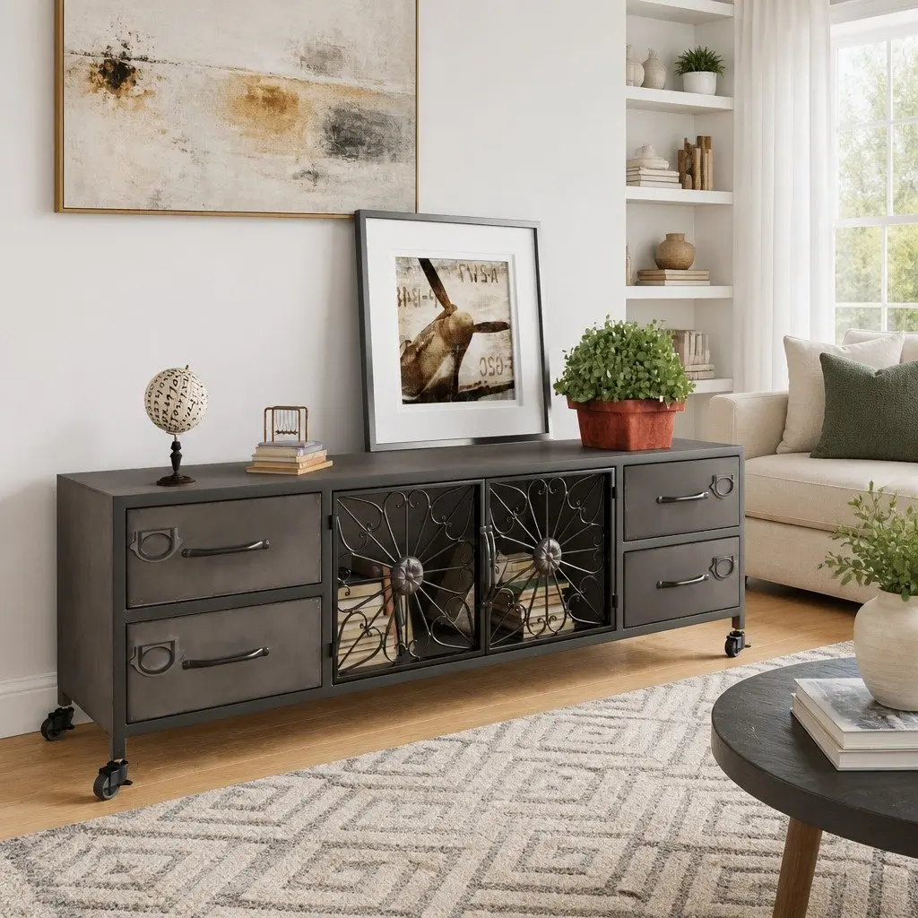 TV Cabinet Living Room Silver 110x30x40 cm Storage Unit with Drawers Doors and Wheels