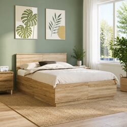 Bed Frame 150x200cm Brown Engineered Wood Adjustable Headboard LED Lights USB