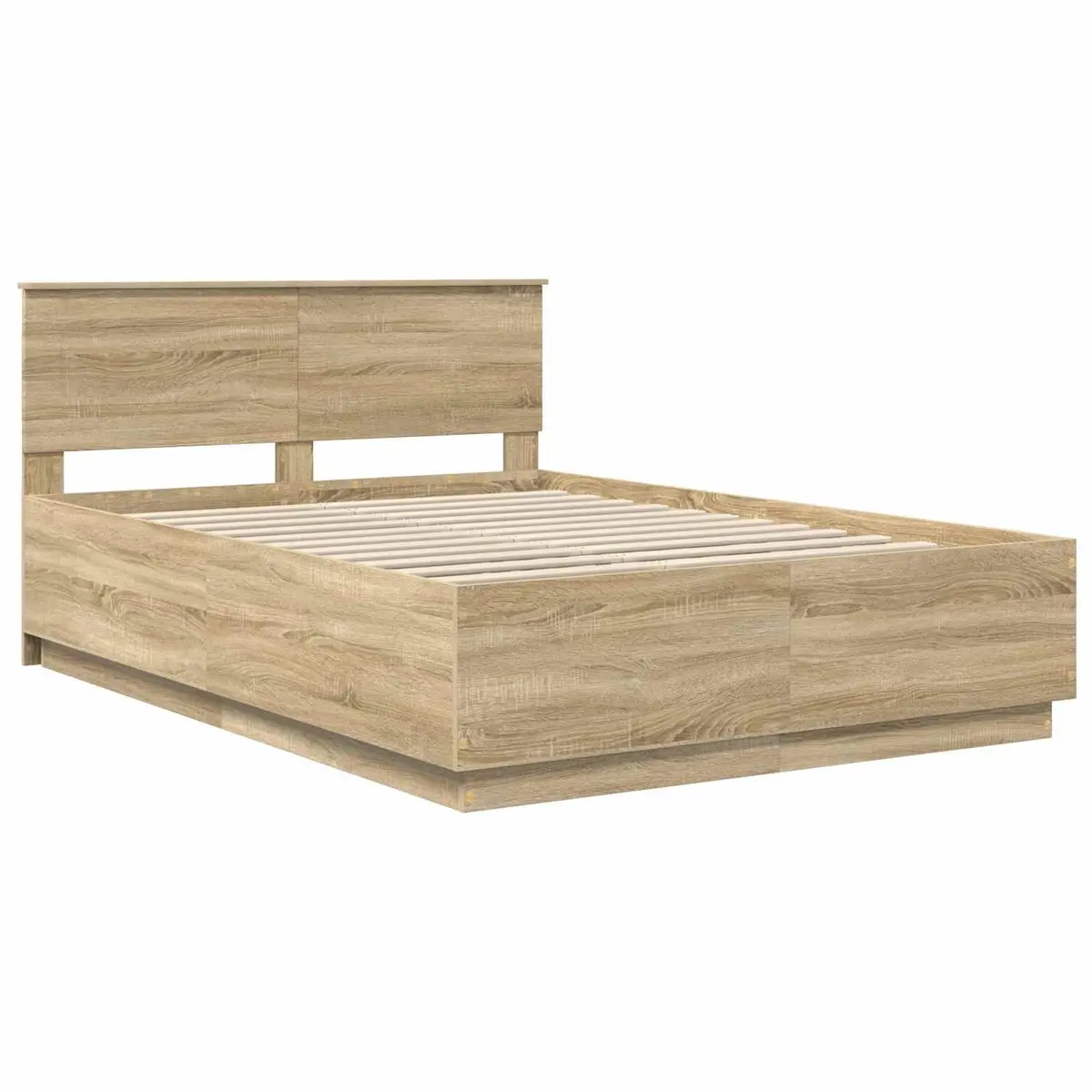 Bed Frame for Bedroom 150x200cm Brown Engineered Wood Adjustable Headboard LED Lights USB Charging Port