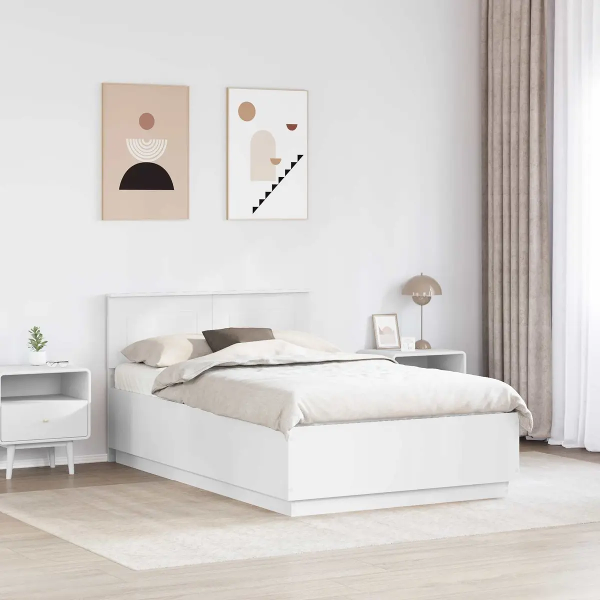 White Bed Frame with Wall-Mounted Headboard 135 x 190 cm