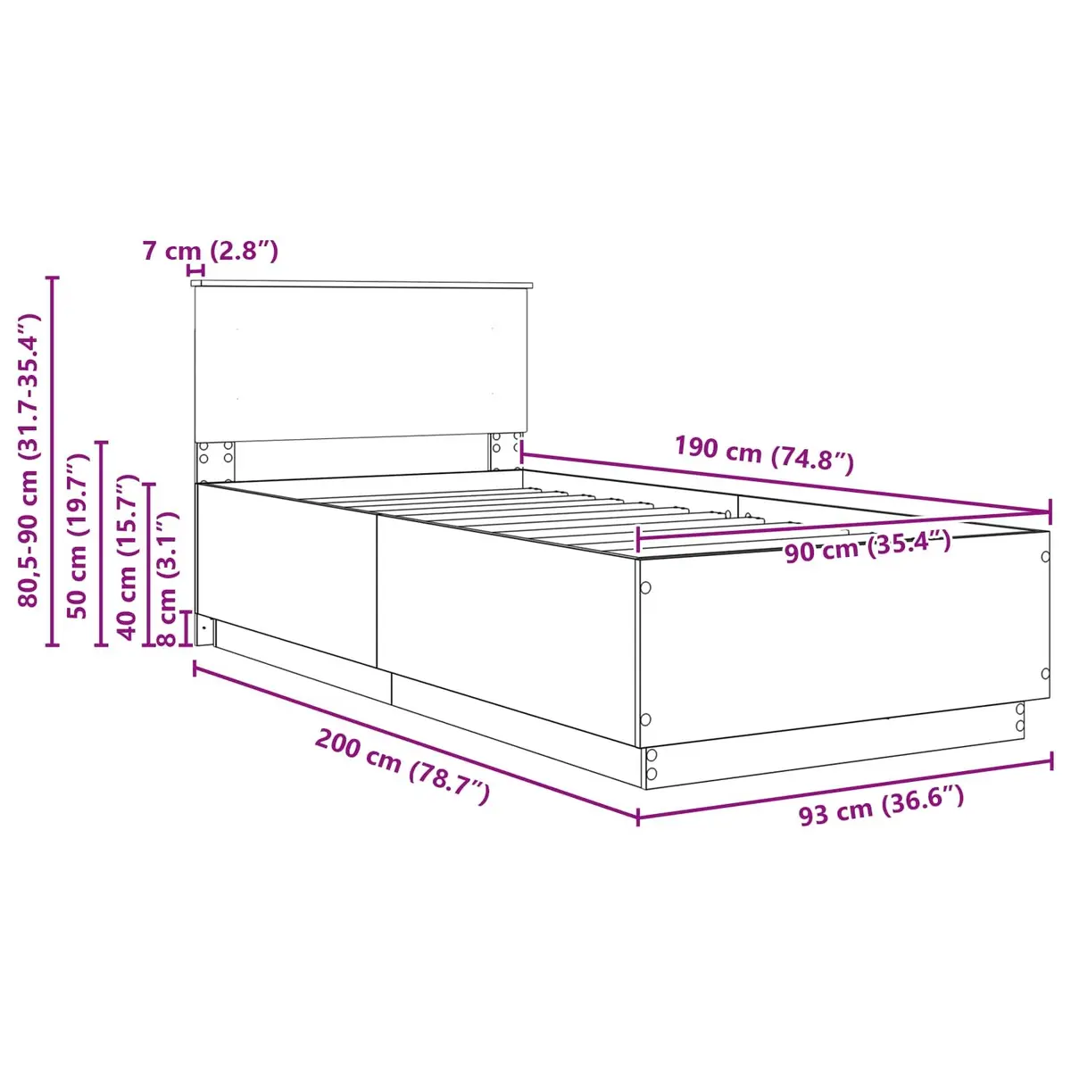 90 x 190 cm Bed Frame with Wall-Mounted Adjustable Headboard
