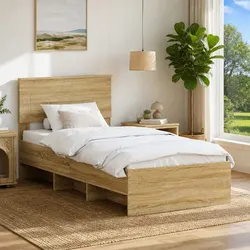 90 x 200 cm Bed Frame with Headboard in Brown Engineered Wood