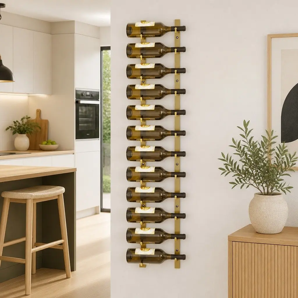 Wall Mounted Wine Rack Gold Iron Kitchen Bar 12 Bottle Storage Holder