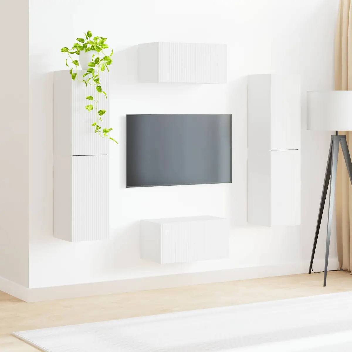 TV Cabinet Set 6 Pieces White Modern Storage Unit Shelves Drawers LED Lights