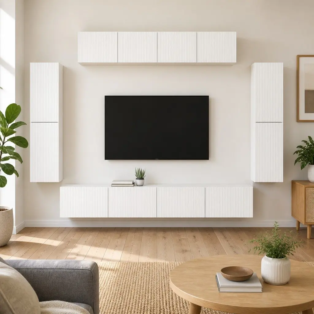 TV Cabinet 8 pcs White Wall Mounted Media Unit Storage Cabinet Living Room