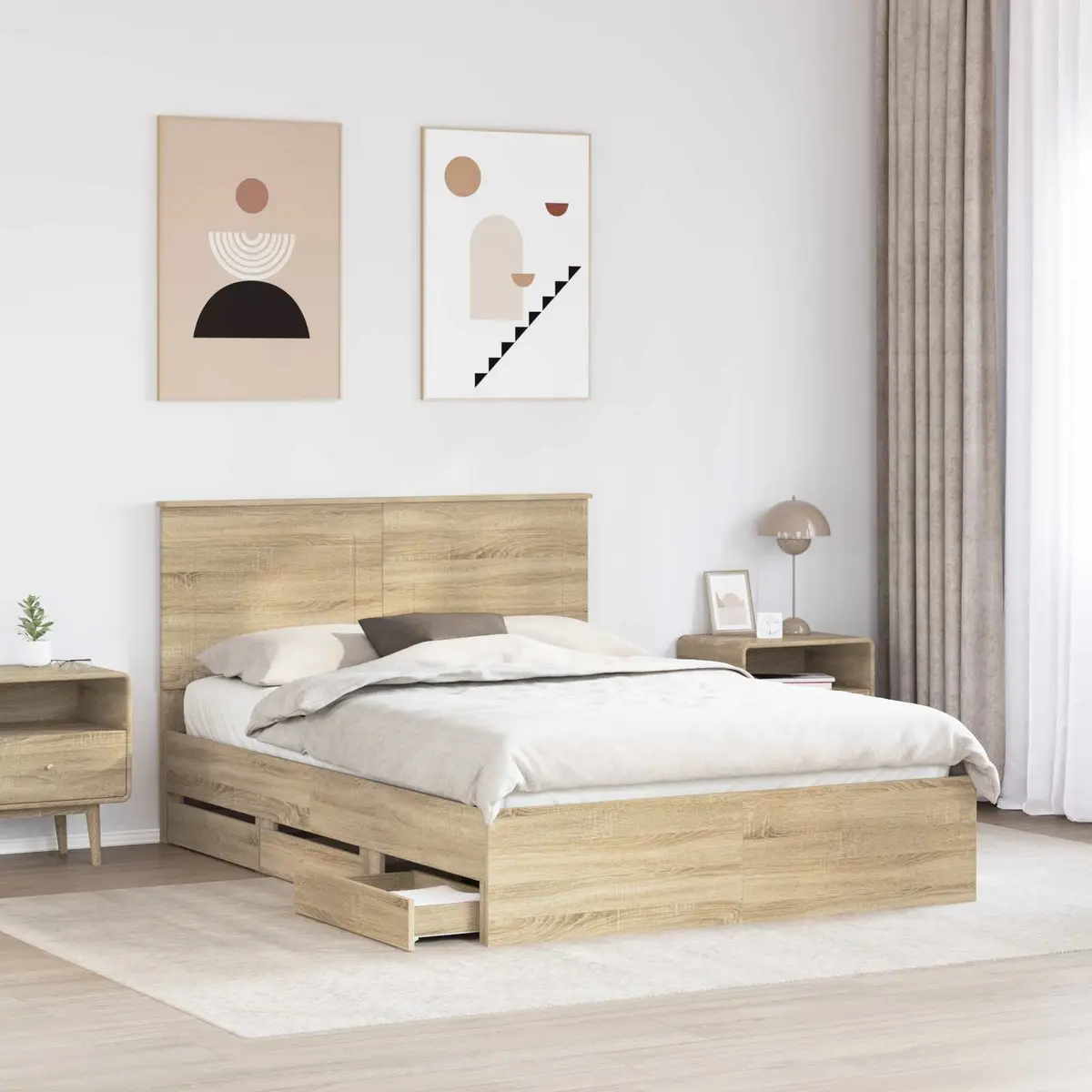 Bed Frame with Storage Drawer Engineered Wood Brown Modern Bedroom Furniture