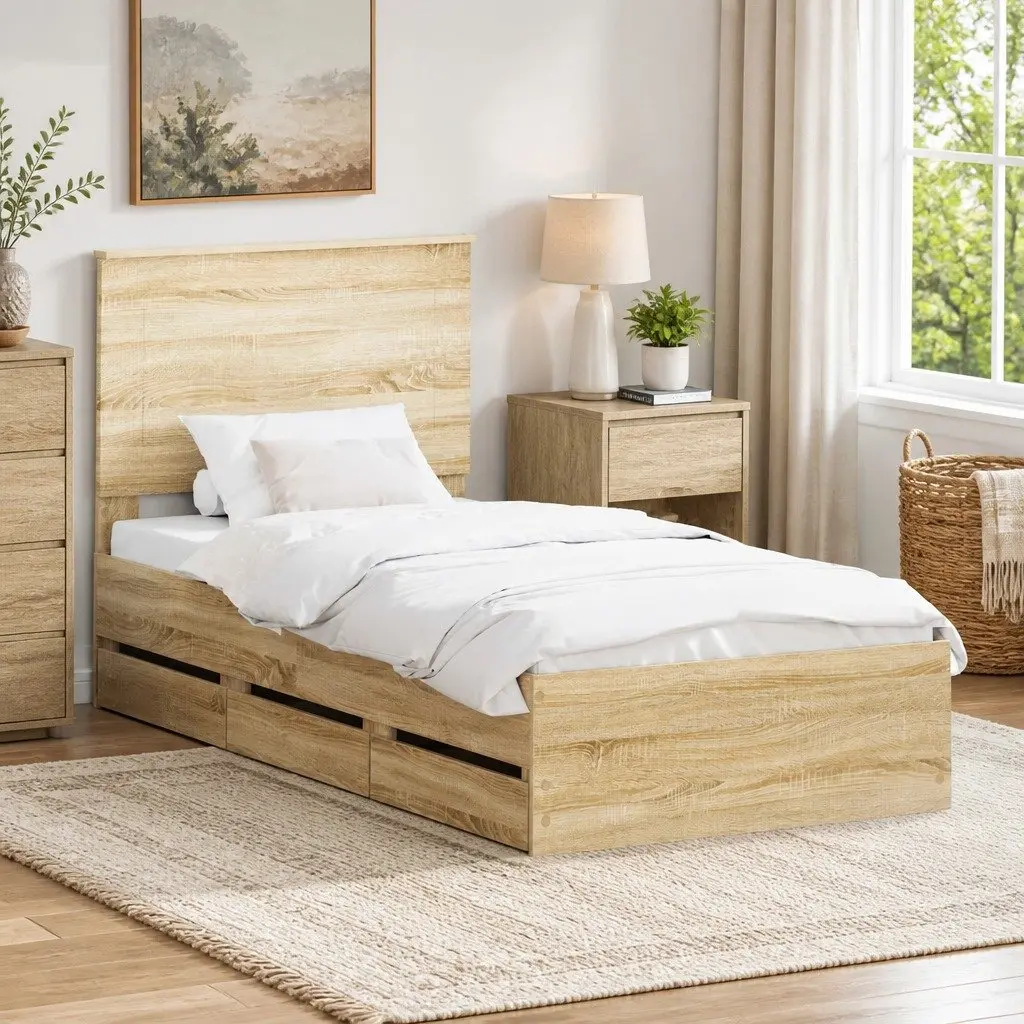 Bed Frame with Storage Drawer Sonoma Oak 90 x 190 cm Engineered Wood Modern