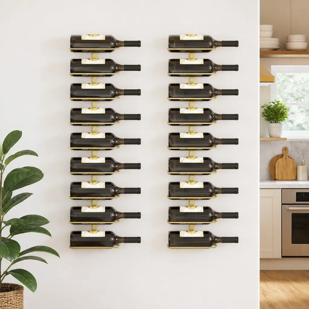 Wall-mounted Wine Rack Kitchen Pantry Bar 9 Bottles Gold Iron Storage Organiser