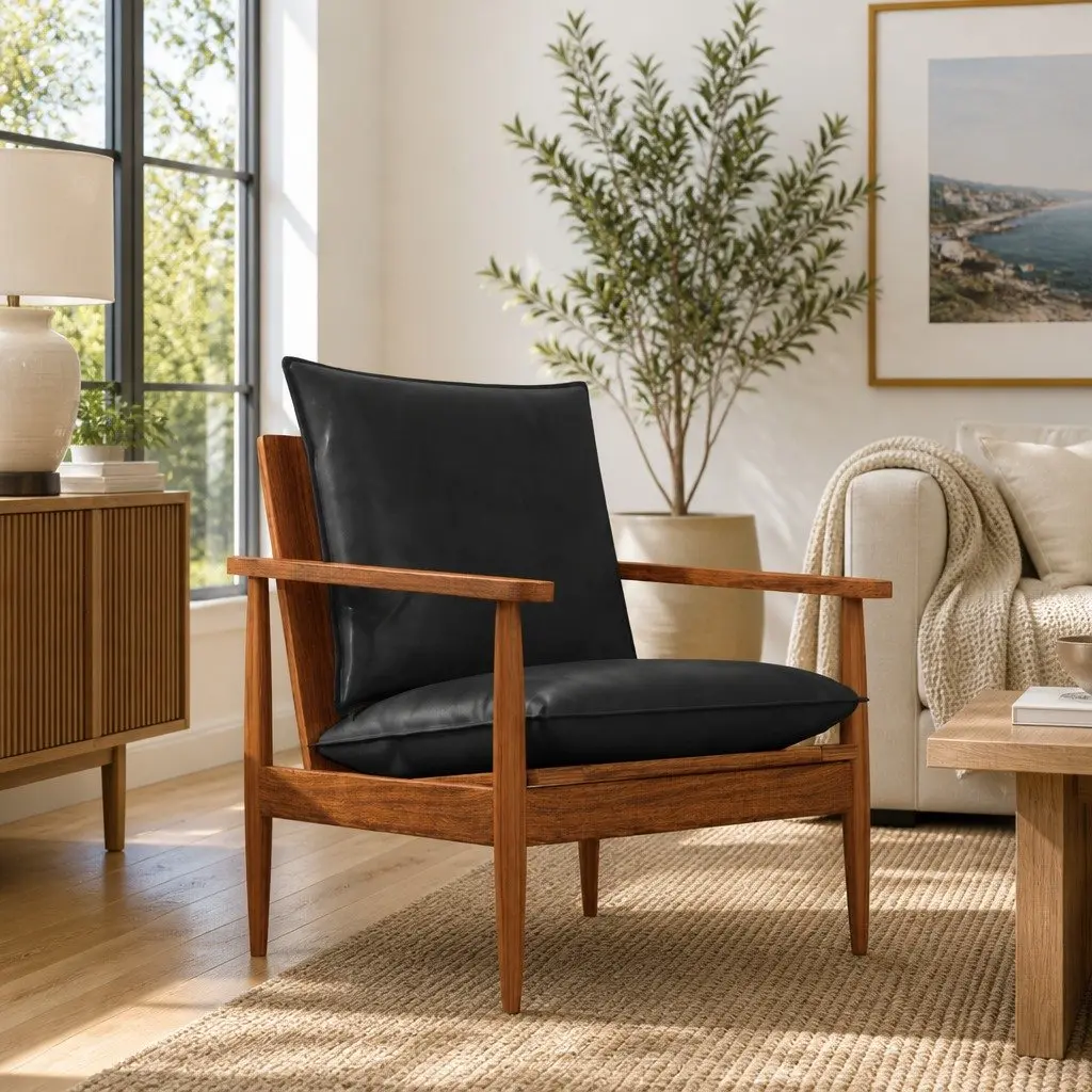 Armchair Living Room Black Real Leather Solid Wood Acacia Single Sofa Chair