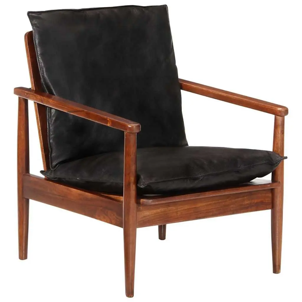 Armchair Living Room Black Real Leather Solid Wood Acacia Single Sofa Chair