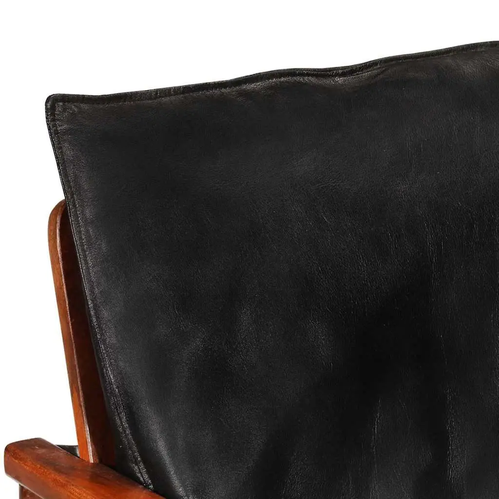 Armchair Living Room Black Real Leather Solid Wood Acacia Single Sofa Chair