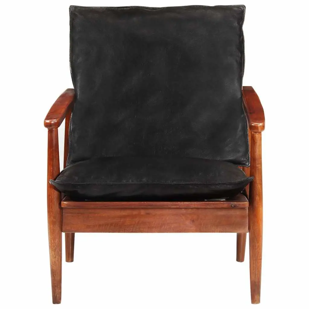 Armchair Living Room Black Real Leather Solid Wood Acacia Single Sofa Chair