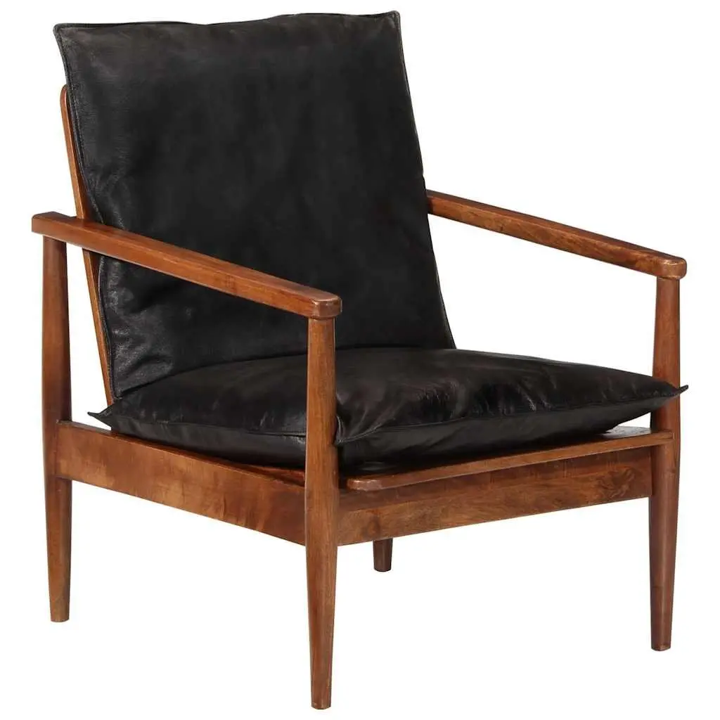 Armchair Living Room Black Real Leather Solid Wood Acacia Single Sofa Chair