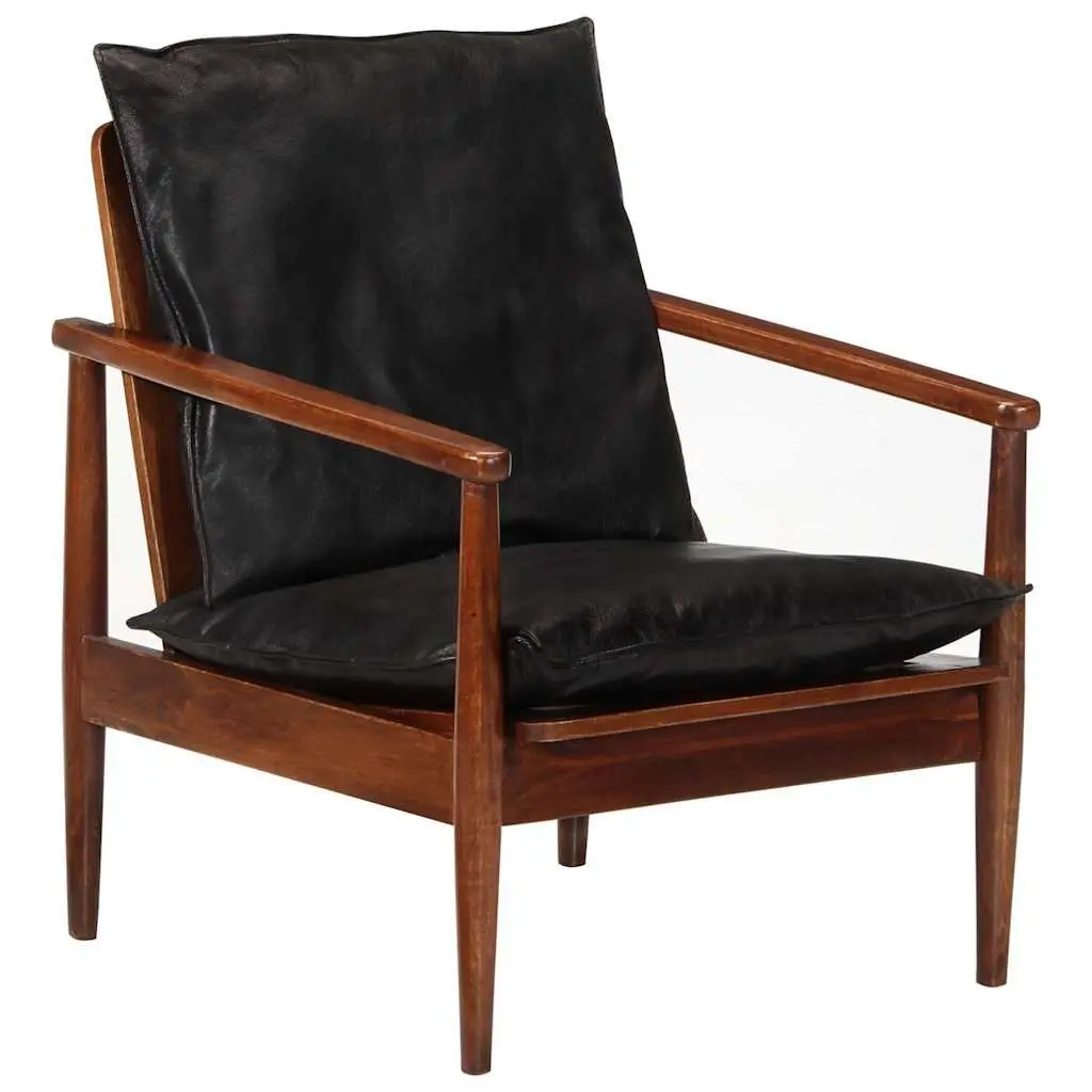 Armchair Living Room Black Real Leather Solid Wood Acacia Single Sofa Chair
