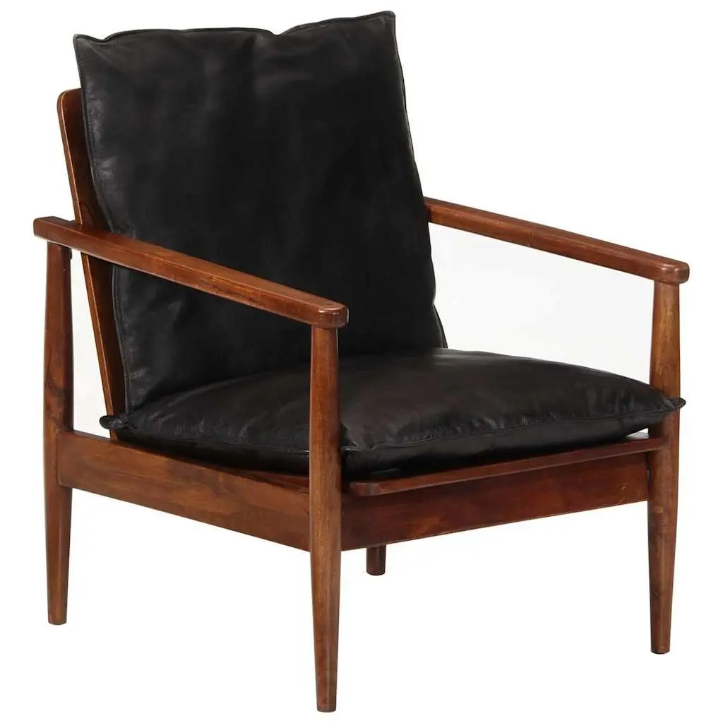 Armchair Living Room Black Real Leather Solid Wood Acacia Single Sofa Chair
