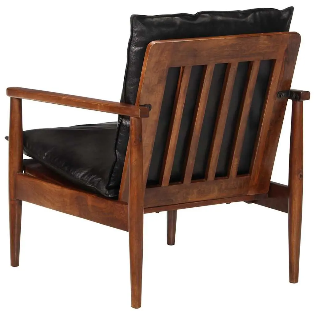 Armchair Living Room Black Real Leather Solid Wood Acacia Single Sofa Chair